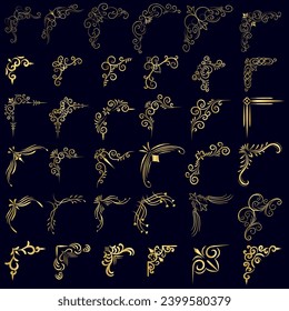 Ilustración vectorial de oro del conjunto de marcos de esquina decorativa. Dibujo manual de las esquinas Diferentes Formas de esquina dorado marco vintage decoración de marco, Ornamentos florales de oro. 