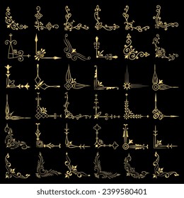 Gold vector illustration of decorative corner frame set. Hand Draw of Corners Different Shapes golden corner frame vintage frame decoration, Gold floral ornaments. 