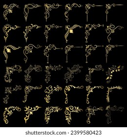Gold vector illustration of decorative corner frame set. Hand Draw of Corners Different Shapes golden corner frame vintage frame decoration, Gold floral ornaments. 