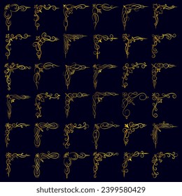 Gold vector illustration of decorative corner frame set. Hand Draw of Corners Different Shapes golden corner frame vintage frame decoration, Gold floral ornaments. 