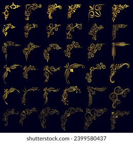 Gold vector illustration of decorative corner frame set. Hand Draw of Corners Different Shapes golden corner frame vintage frame decoration, Gold floral ornaments. 