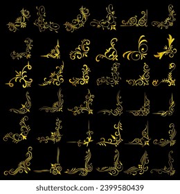 Gold vector illustration of decorative corner frame set. Hand Draw of Corners Different Shapes golden corner frame vintage frame decoration, Gold floral ornaments. 
