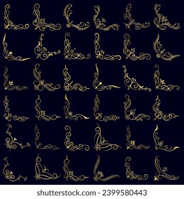 Gold vector illustration of decorative corner frame set. Hand Draw of Corners Different Shapes golden corner frame vintage frame decoration, Gold floral ornaments. 