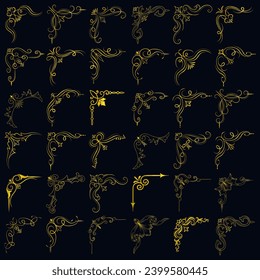 Gold vector illustration of decorative corner frame set. Hand Draw of Corners Different Shapes golden corner frame vintage frame decoration, Gold floral ornaments. 