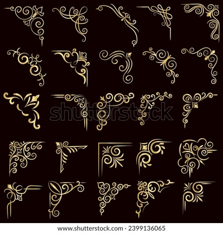 Gold vector illustration of decorative corner frame set. Hand Draw of Corners Different Shapes golden corner frame vintage frame decoration, Gold floral ornaments. 