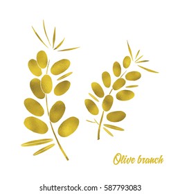 Gold vector illustration of olive branch. Isolated on white background. Retro style