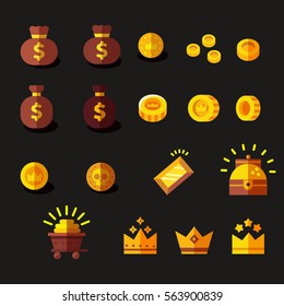 Gold vector illustration set. Flat style vector symbols for game and apps.