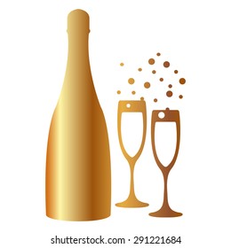 Gold vector illustrations glasses of champagne with bottle