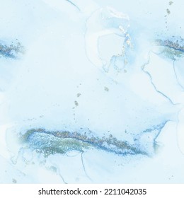 Gold Vector Ink Marble. Blue Art Paint. White Watercolor Canvas. Light Elegant Background. Foil Gradient Background. Foil Marble Watercolor. Shiny Alcohol Ink Glitter. Vector Seamless Ink Template