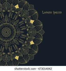 Gold Vector invitation with mandala design element. Square invite template. Nature floral  pattern. Unusual greeting in oriental boho chic style. Round flower ornament. Decorative vintage print.