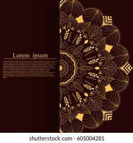 Gold Vector invitation with mandala design element. Square invite template. Nature floral  pattern. Unusual greeting in oriental boho chic style. Round flower ornament. Decorative vintage print