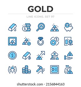 Juego de iconos de línea vectorial de oro. Diseño delgado de línea. Elementos gráficos de contorno, símbolos de trazo simples. Icono de oro