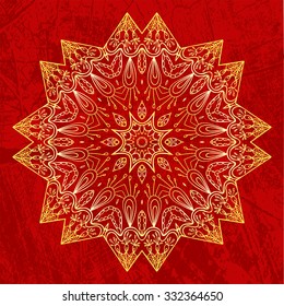 Gold vector mandala on red textured background
