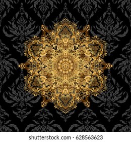 Gold vector mandala with peacock feather. Abstract oriental mandala frame with decorative golden foil. Design for fashion banner, cover, save the date card, wedding or birthday party invitation.