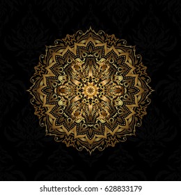 Gold vector mandala with peacock feather. Abstract oriental mandala frame with decorative golden foil. Design for fashion banner, cover, save the date card, wedding or birthday party invitation.