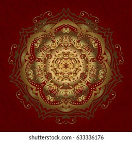 Gold vector mandala with peacock feather. Abstract oriental mandala frame with decorative golden foil. Design for fashion banner, cover, save the date card, wedding or birthday party invitation.