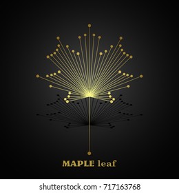 Gold vector maple leaf made of connected lines and dots.