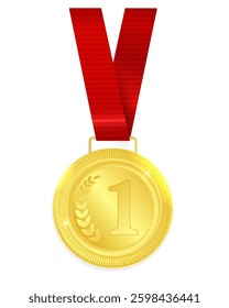 gold vector medal with red ribbon, premium 1st place award