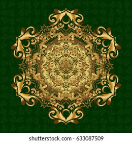 Gold vector mehndi pattern, set of seamless borders on green background. Traditional indian style, ornamental elements for henna tattoo, golden stickers, flash temporary tattoo, mehndi, yoga design.