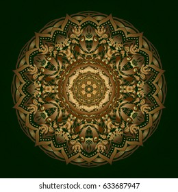 Gold vector mehndi pattern, set of seamless borders on green background. Traditional indian style, ornamental elements for henna tattoo, golden stickers, flash temporary tattoo, mehndi, yoga design.