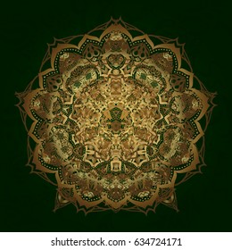 Gold vector mehndi pattern, set of seamless borders on green background. Traditional indian style, ornamental elements for henna tattoo, golden stickers, flash temporary tattoo, mehndi, yoga design.