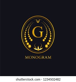 Gold vector monogram in golden elegant frame. Monographs and exclusive calligraphic design elements. Vector business sign, identity for hotel, restaurant, jewelry, fashion.