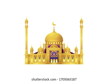 Gold vector Mosque isolated on white background. Arabic element for Ramadan Kareem, Iftar Party  invitation, Eid Al-Fitr decoration, Eid Mubarak greetings. Eastern style. Muslim feast of Ramadan month