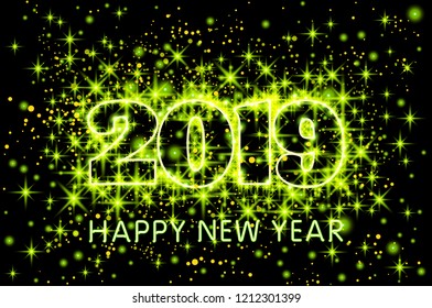gold vector neon green typography Happy New Year 2019 in starry sky background illustration art