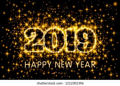 gold vector neon yellow typography Happy New Year 2019 in starry sky background illustration art