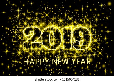 gold vector neon yellow typography Happy New Year 2019 in starry sky background illustration art