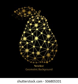 Gold vector pear made of connected dots on black background.