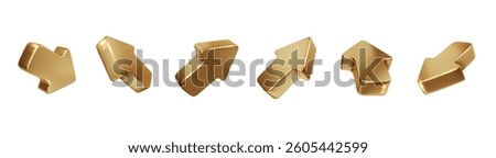 Gold vector realistic arrows. Shiny 3d click cursor icon isolated. Metal luxury arrows pointing different directions