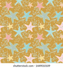 Gold vector repeat pattern with pastel starfish, seaweed and sand. Summer beach pattern. Surface pattern design.