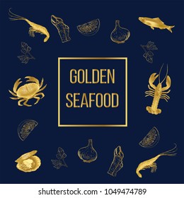  Gold vector seafood menu. Pollicipes. Lobster&crab