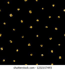 Gold vector seamless abstract pattern. Modern rough polka dots painted on black background. Hand painted template for cards, paper design, textile print.