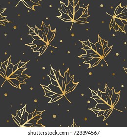 Gold Vector seamless background of falling leaves on dark grey. Autumn contour illustration with little gold confetti. Can be used for package and wrapping.