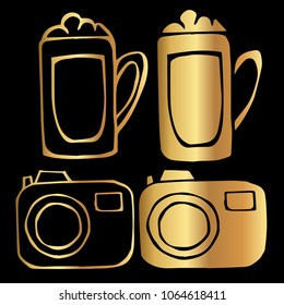 Gold Vector Set Collection of Beer Mug Drinks, and Camera Film Photograph Photography Technology. Flat Line Icon Logo, Sign, Symbol, Object. Graphic Design Element, Illustration, Poster, Print.