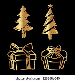 Gold Vector Set Collection of Christmas Tree and Gift. Flat Line Icon Logo, Sign, Symbol, Object. Graphic Design Element, Illustration, Poster, Print.