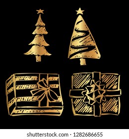 Gold Vector Set Collection of Christmas Tree and Gift. Flat Line Icon Logo, Sign, Symbol, Object. Graphic Design Element, Illustration, Poster, Print.