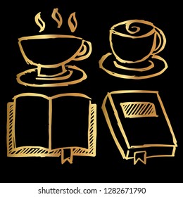 Gold Vector Set Collection of Coffee and Book. Flat Line Icon Logo, Sign, Symbol, Object. Graphic Design Element, Illustration, Poster, Print.