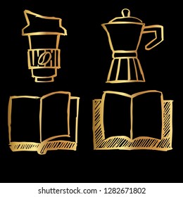 Gold Vector Set Collection of Coffee and Book. Flat Line Icon Logo, Sign, Symbol, Object. Graphic Design Element, Illustration, Poster, Print.