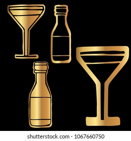 Gold Vector Set Collection of Drinks Wine Glass, Cocktail, Milk, Beer, Alcohol. Flat Line Icon Logo, Sign, Symbol, Object. Graphic Design Element, Illustration, Poster, Print.