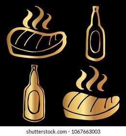 Gold Vector Set Collection of Food Barbecue Meat and Drinks Alcohol Beer. Flat Line Icon Logo, Sign, Symbol, Object. Graphic Design Element, Illustration, Poster, Print.