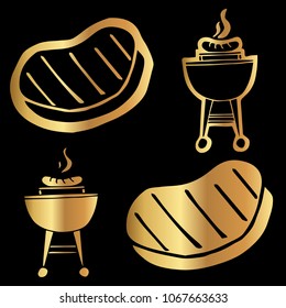 Gold Vector Set Collection of Food Barbecue BBQ Meat Party Grill. Flat Line Icon Logo, Sign, Symbol, Object. Graphic Design Element, Illustration, Poster, Print.