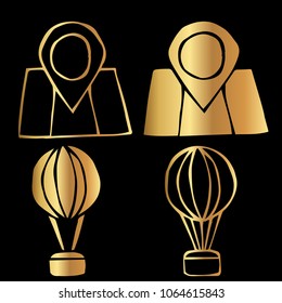 Gold Vector Set Collection GPS Map Travel and Hot Air Balloon Sky Transport. Flat Line Icon Logo, Sign, Symbol, Object. Graphic Design Element, Illustration, Poster, Print.