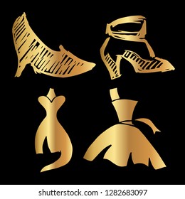 Gold Vector Set Collection of Heels Shoe and Dress. Flat Line Icon Logo, Sign, Symbol, Object. Graphic Design Element, Illustration, Poster, Print.