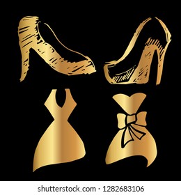 Gold Vector Set Collection of Heels Shoe and Dress. Flat Line Icon Logo, Sign, Symbol, Object. Graphic Design Element, Illustration, Poster, Print.