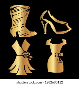 Gold Vector Set Collection of Heels Shoe and Dress. Flat Line Icon Logo, Sign, Symbol, Object. Graphic Design Element, Illustration, Poster, Print.