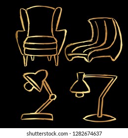 Gold Vector Set Collection of Lamp and Chair. Flat Line Icon Logo, Sign, Symbol, Object. Graphic Design Element, Illustration, Poster, Print.