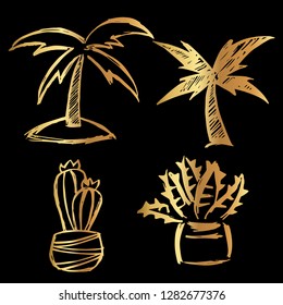 Gold Vector Set Collection of Palm Tree and Cactus. Flat Line Icon Logo, Sign, Symbol, Object. Graphic Design Element, Illustration, Poster, Print.